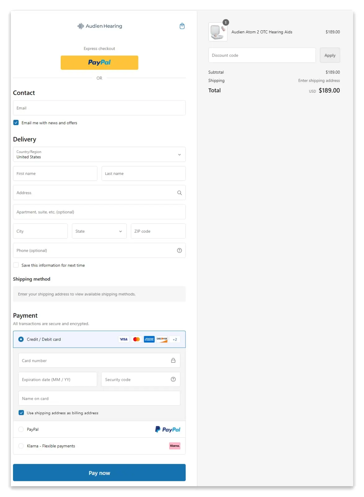 Audien hearing aids checkout page